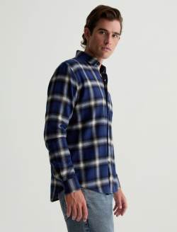 Aiden Shirt Brushed Check Plaid Blue Multi Classic Long Sleeve Button-Up Shirt MENS TOPS Photo 4