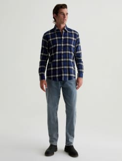 Aiden Shirt Brushed Check Plaid Blue Multi Classic Long Sleeve Button-Up Shirt MENS TOPS Photo 5