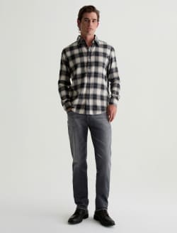 Aiden Shirt Brushed Check Plaid Light Grey Classic Long Sleeve Button-Up Shirt MENS TOPS Photo 5