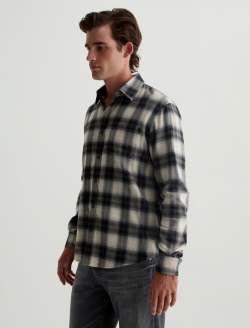Aiden Shirt Brushed Check Plaid Light Grey Classic Long Sleeve Button-Up Shirt MENS TOPS Photo 7