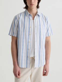 Aiden Short Sleeve Shirt Blue/Taupe Stripe Classic Button Up Shirt MENS TOPS Photo 2