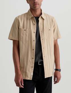 Mason Short Sleeve Work Shirt Natural/Black Stripe Jacquard Classic Button Up MENS TOPS Photo 2