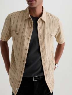 Mason Short Sleeve Work Shirt Natural/Black Stripe Jacquard Classic Button Up MENS TOPS Photo 3