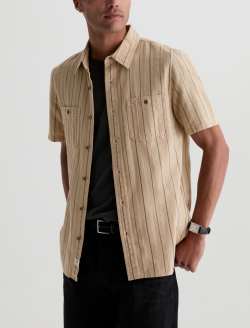 Mason Short Sleeve Work Shirt Natural/Black Stripe Jacquard Classic Button Up MENS TOPS Photo 7