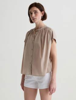 Lotta Blouse Simple Taupe Short Sleeve Shirred Blouse WOMENS TOPS Photo 7