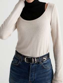 Giah Long Sleeve Heather Oatmilk Essential Scoop Neck WOMENS TOPS Photo 3