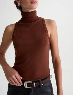 Faey Sleeveless Turtleneck Chestnut Essentials Rib Knit WOMENS TOPS Photo 3