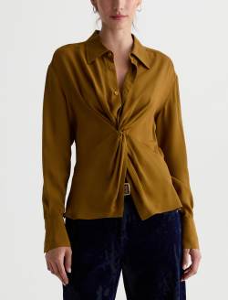 Bel Shirt Mustard Silk Voile Knot Front Blouse WOMENS TOPS Photo 2
