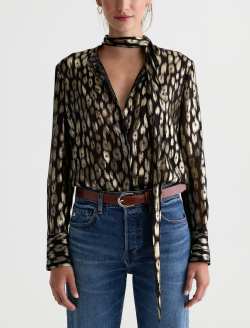 Lora Tie Neck Shirt Leopard Lounge Semi Sheer Metallic Voile WOMENS TOPS Photo 2