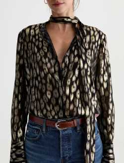 Lora Tie Neck Shirt Leopard Lounge Semi Sheer Metallic Voile WOMENS TOPS Photo 3